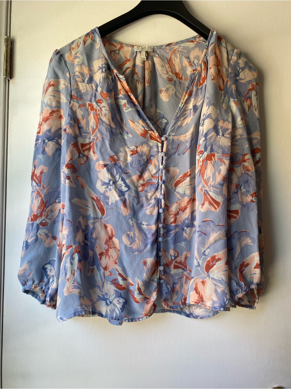Joie Floral V-Neck Button Front Blouse in Light Blue, Coral, Cream